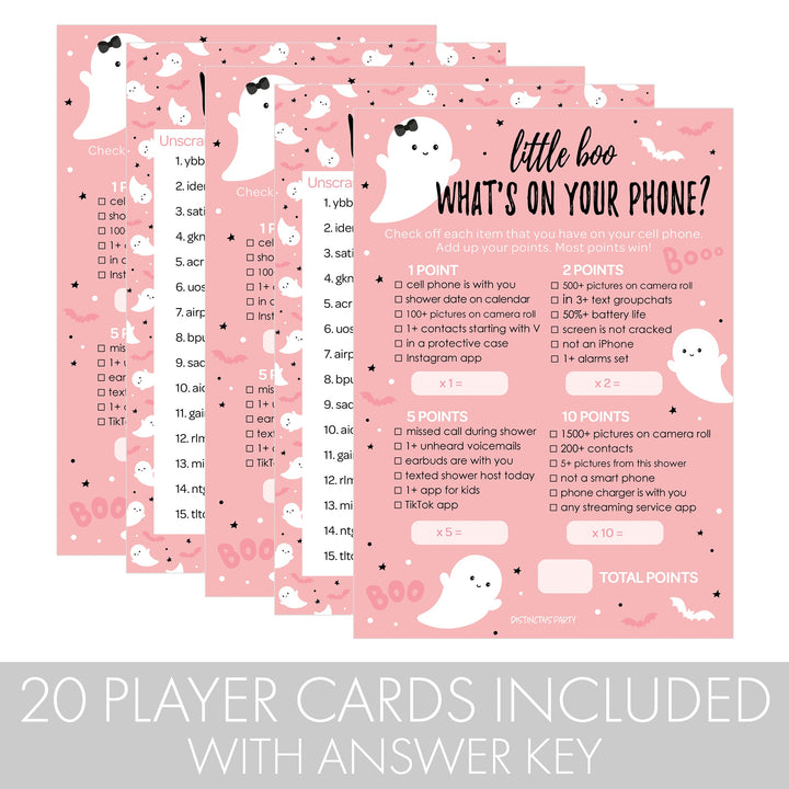 Little Boo: Pink - Juego de baby shower - Qué hay en tu teléfono y Word Scramble - Paquete de dos juegos - 20 tarjetas de doble cara
