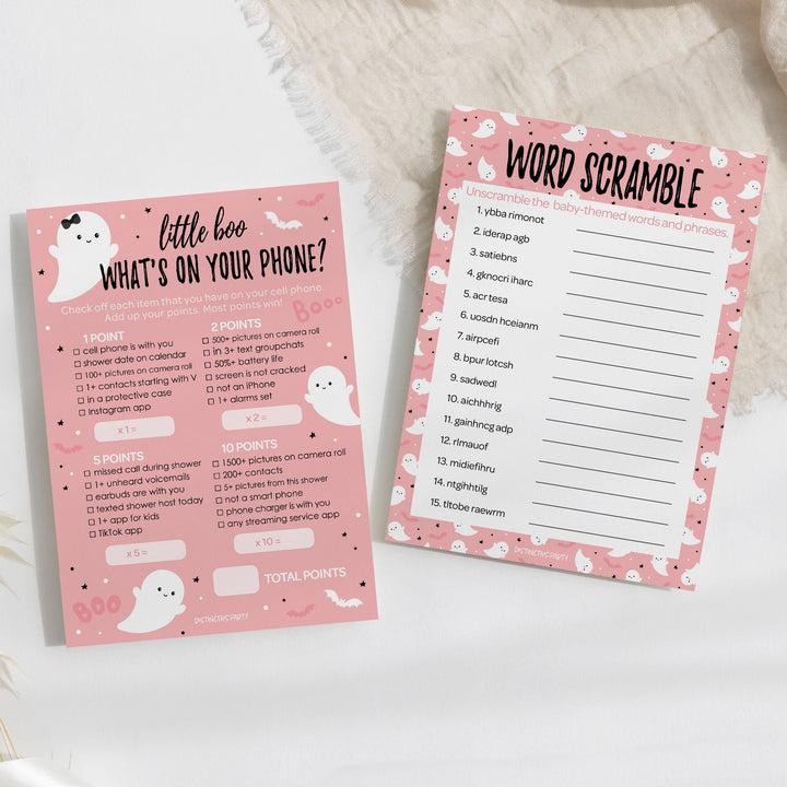 Little Boo: Pink - Juego de baby shower - Qué hay en tu teléfono y Word Scramble - Paquete de dos juegos - 20 tarjetas de doble cara