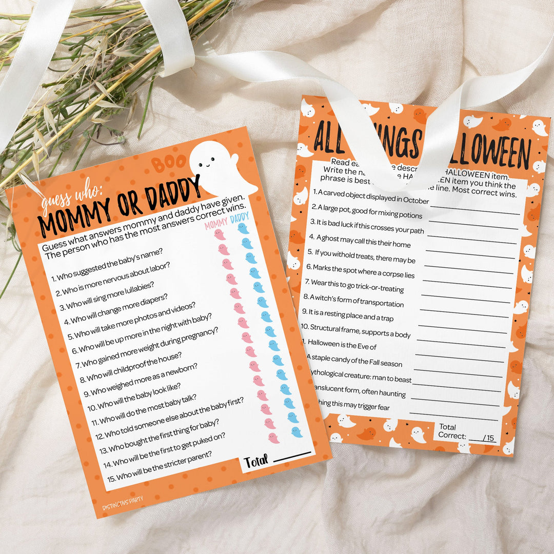 Little Boo: Orange - Baby Shower Game - "Guess Who" Mommy or Daddy and All Things Halloween - Two Game Bundle - 20 Dual Sided Cards