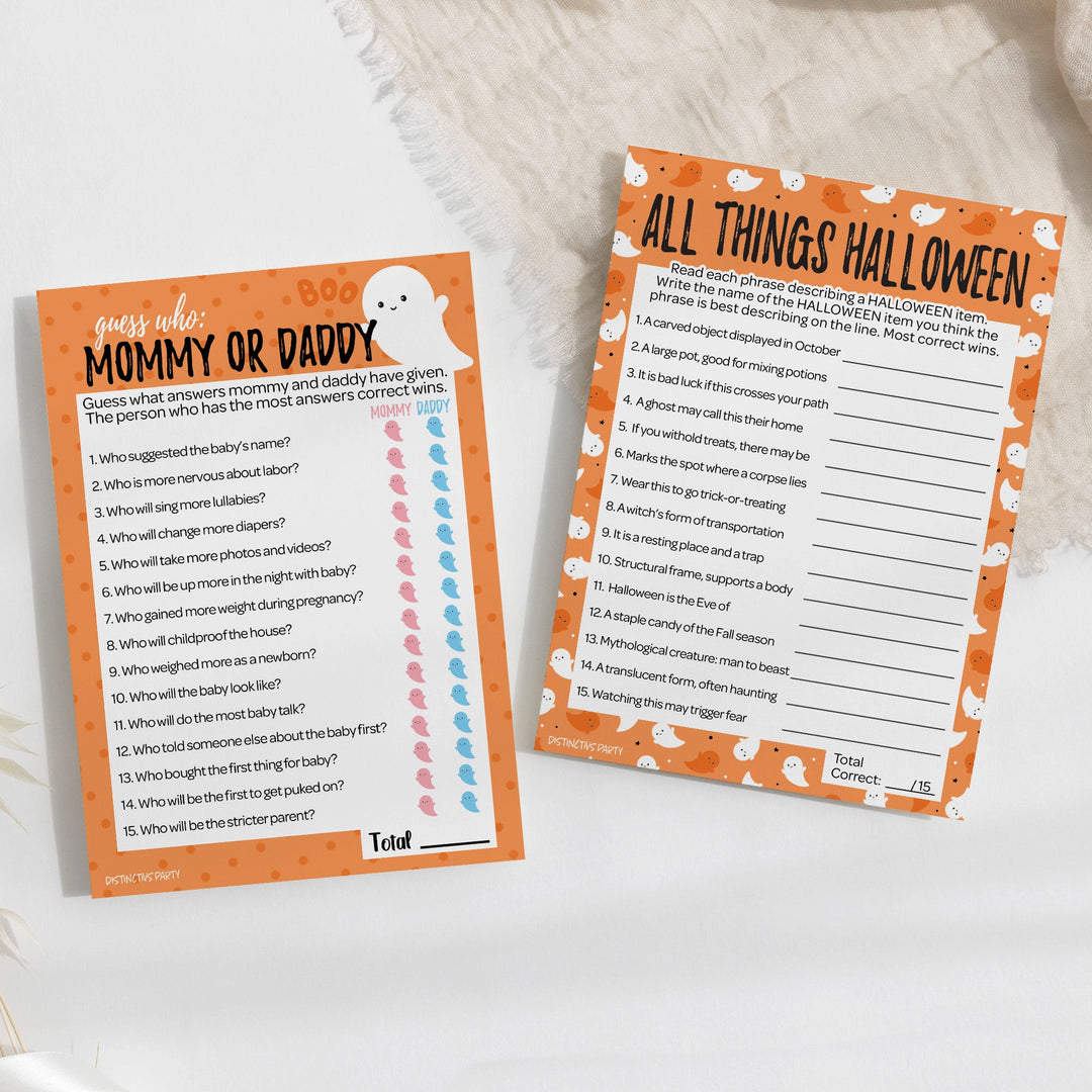 Little Boo: Orange - Baby Shower Game - "Guess Who" Mommy or Daddy and All Things Halloween - Two Game Bundle - 20 Dual Sided Cards
