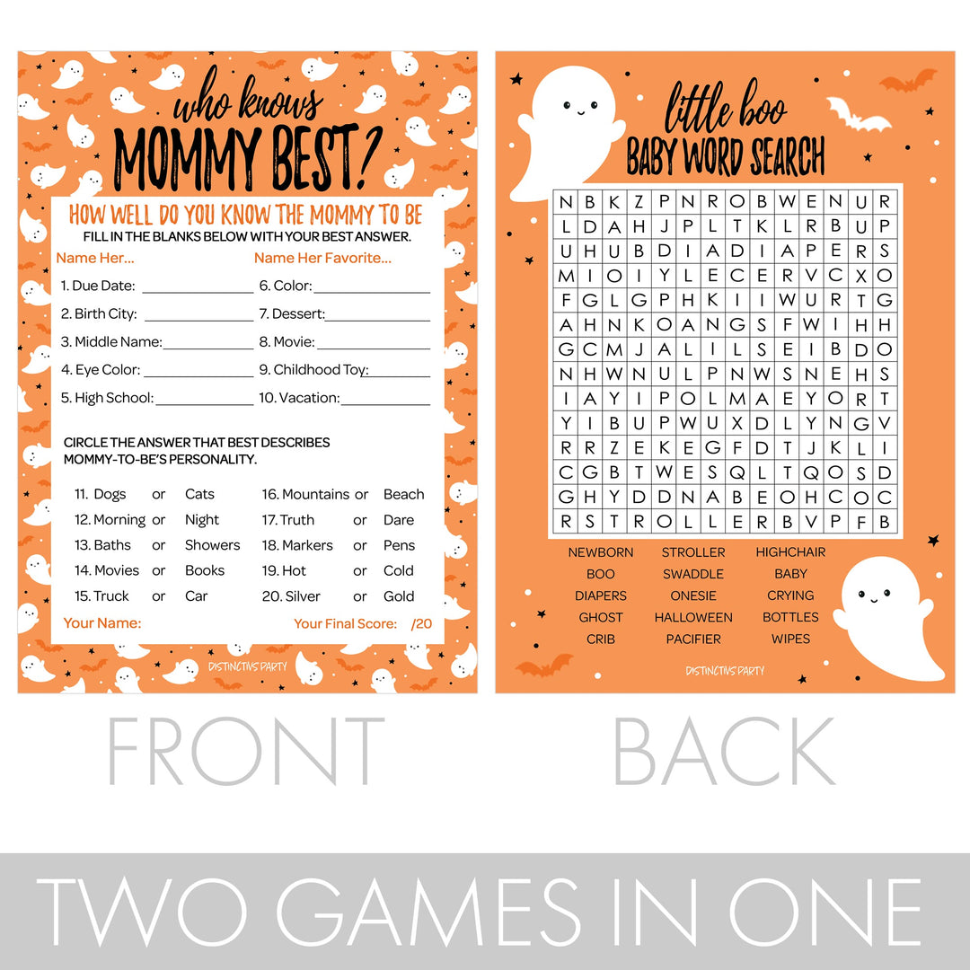 Little Boo: Orange - Juego de baby shower - Búsqueda de palabras y quién conoce mejor a mamá - Paquete de dos juegos - 20 tarjetas de doble cara