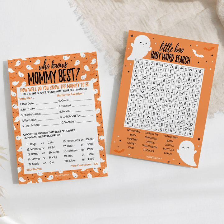 Little Boo: Orange - Baby Shower Game  - Word Search and Who Knows Mommy Best - Two Game Bundle - 20 Dual Sided Cards