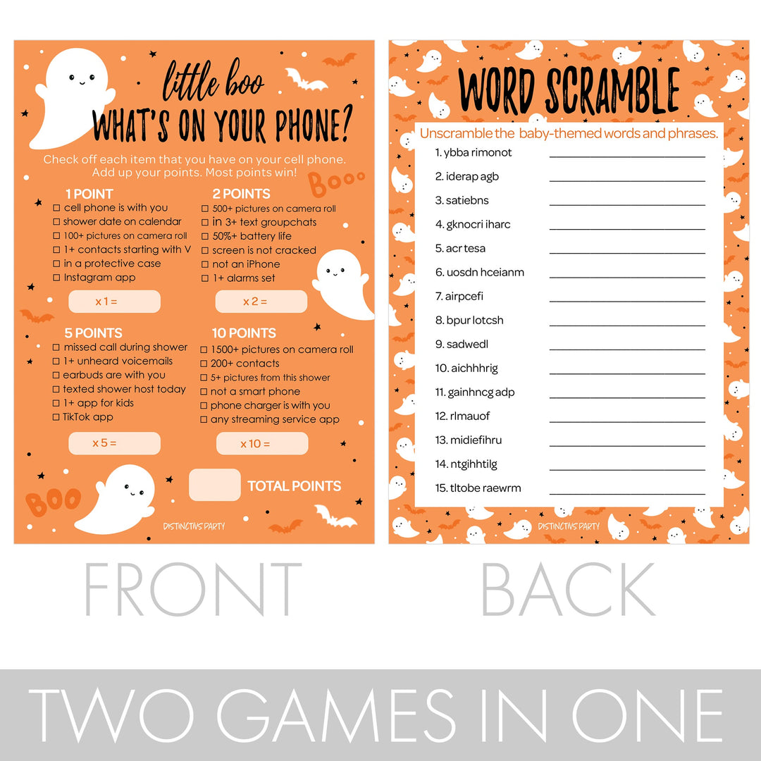 Little Boo: Orange - Juego de baby shower - Qué hay en tu teléfono y Word Scramble - Paquete de dos juegos - 20 tarjetas de doble cara