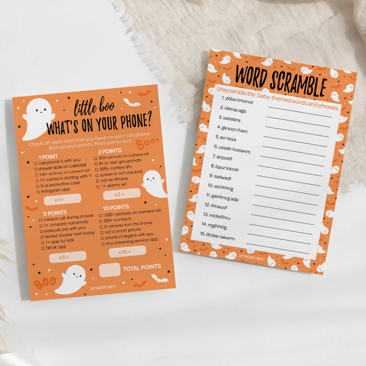 Little Boo: Orange - Juego de baby shower - Qué hay en tu teléfono y Word Scramble - Paquete de dos juegos - 20 tarjetas de doble cara