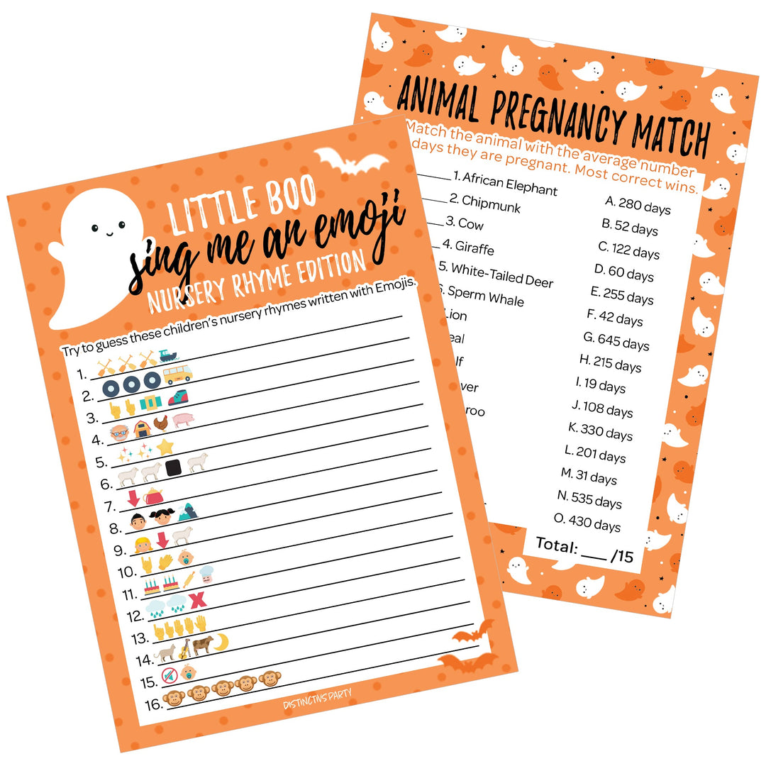 Little Boo: Orange - Juego de baby shower - Cántame un partido de embarazo de emoji y animal - Paquete de dos juegos - 20 tarjetas de doble cara