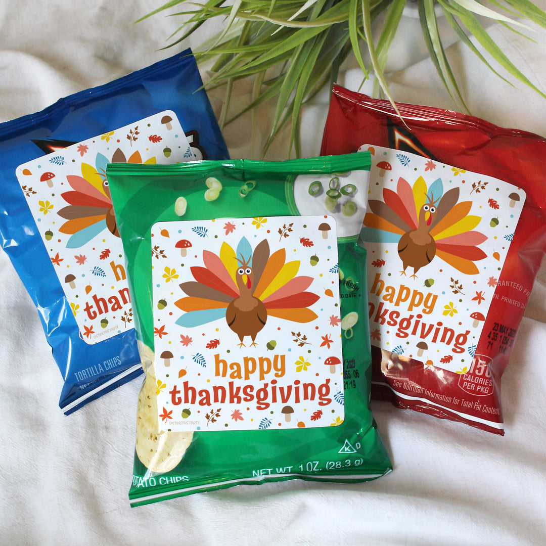 Pegatinas para bolsas de chips y refrigerios de Acción de Gracias para niños - Paquete de 32