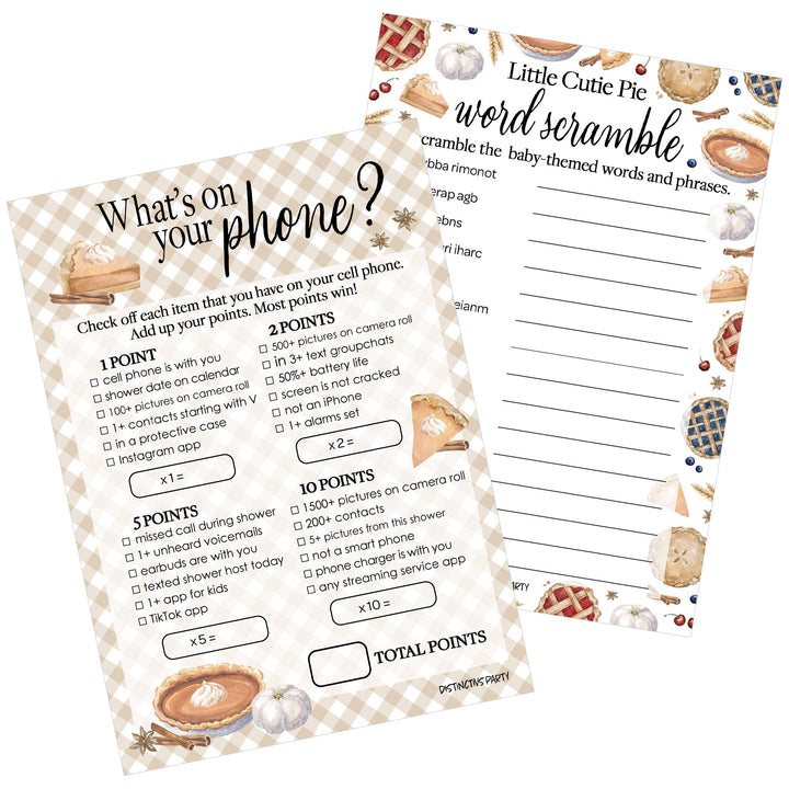 Cutie Pie - Baby Shower - What's On Your Phone and Word Scramble -  Baby Shower Game - Two Game Bundle -  20 Dual Sided Cards