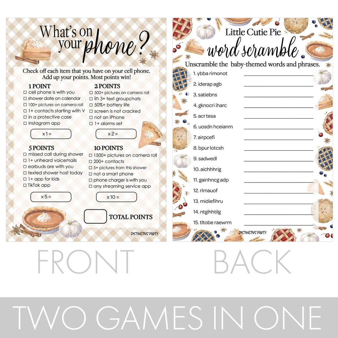 Cutie Pie - Baby Shower - What's On Your Phone and Word Scramble -  Baby Shower Game - Two Game Bundle -  20 Dual Sided Cards