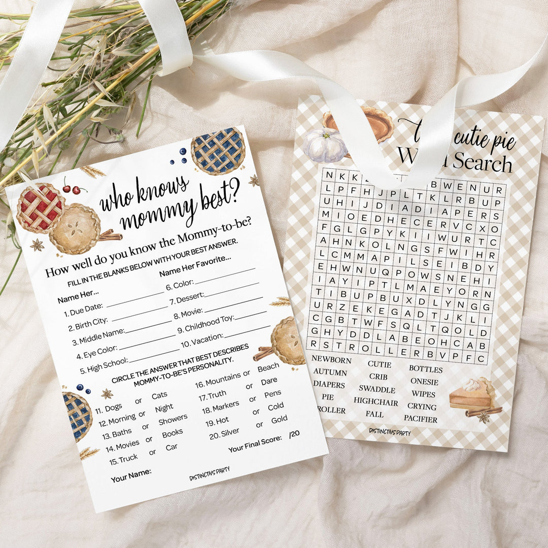 Cutie Pie - Baby Shower -  Word Search and Who Knows Mommy Best - Baby Shower Game - Two Game Bundle - 20 Dual Sided Cards