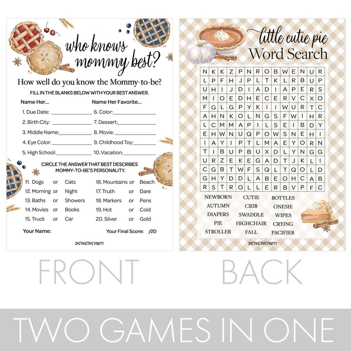 Cutie Pie - Baby Shower -  Word Search and Who Knows Mommy Best - Baby Shower Game - Two Game Bundle - 20 Dual Sided Cards