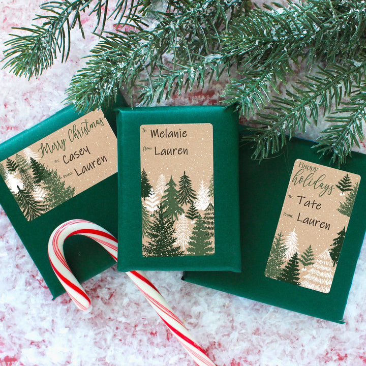 Etiquetas adhesivas de regalo de Navidad: Kraft Christmas - Árboles de hoja perenne - 75 pegatinas
