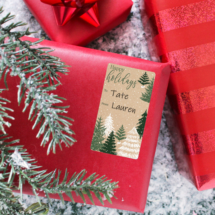 Etiquetas adhesivas de regalo de Navidad: Kraft Christmas - Árboles de hoja perenne - 75 pegatinas