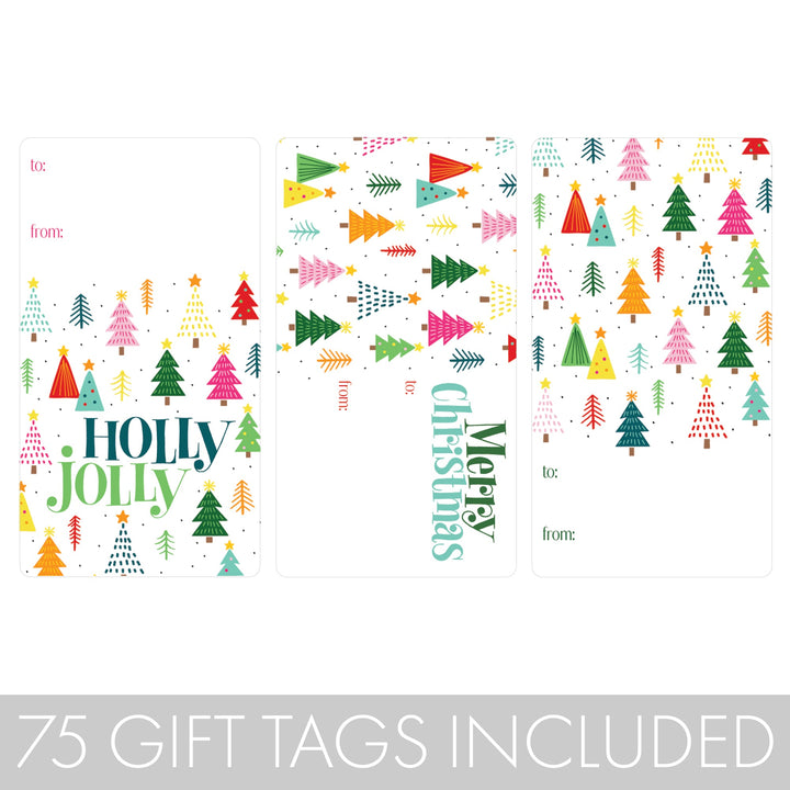 Etiquetas adhesivas de regalo de Navidad: Árboles coloridos caprichosos - 75 pegatinas