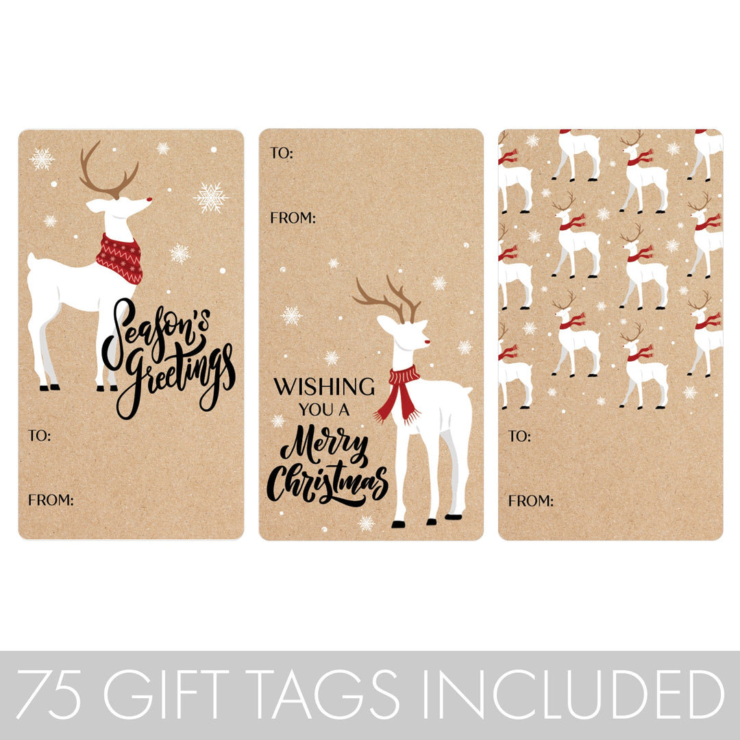Christmas Gift Tag Stickers: Kraft Christmas - Reindeer - 75 Stickers