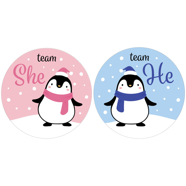 Christmas Gender Reveal Stickers: Penguin Party - Team He or Team She Stickers - 40 Stickers