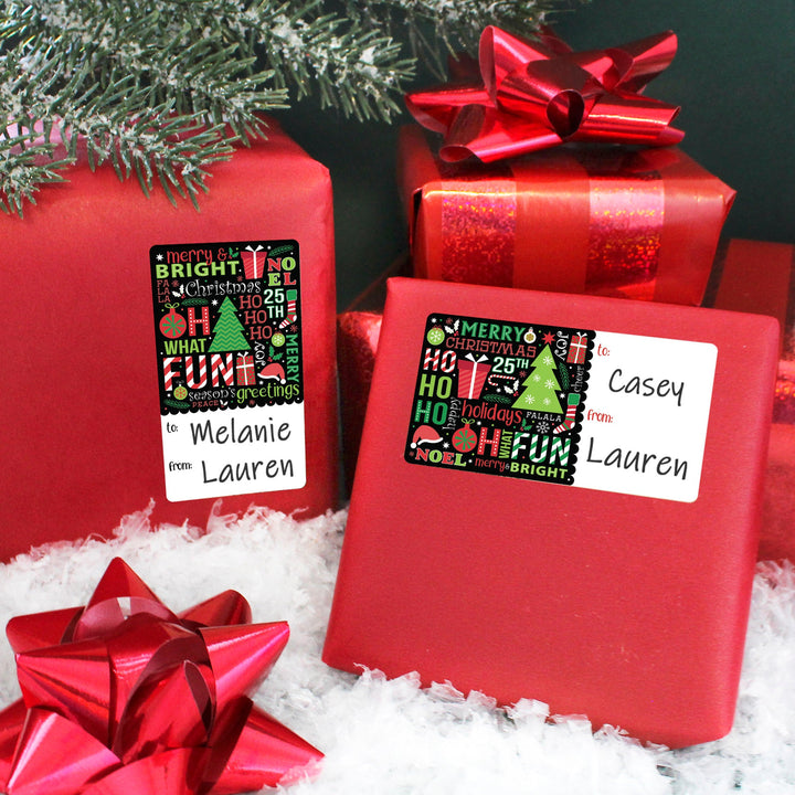 Etiquetas adhesivas de regalo de Navidad: Arte de palabras navideñas brillantes y caprichosas - 75 pegatinas