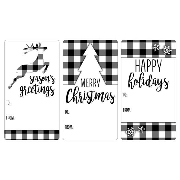 Christmas Gift Tag Stickers: Classic Black and White Buffalo Plaid  - 75 Stickers