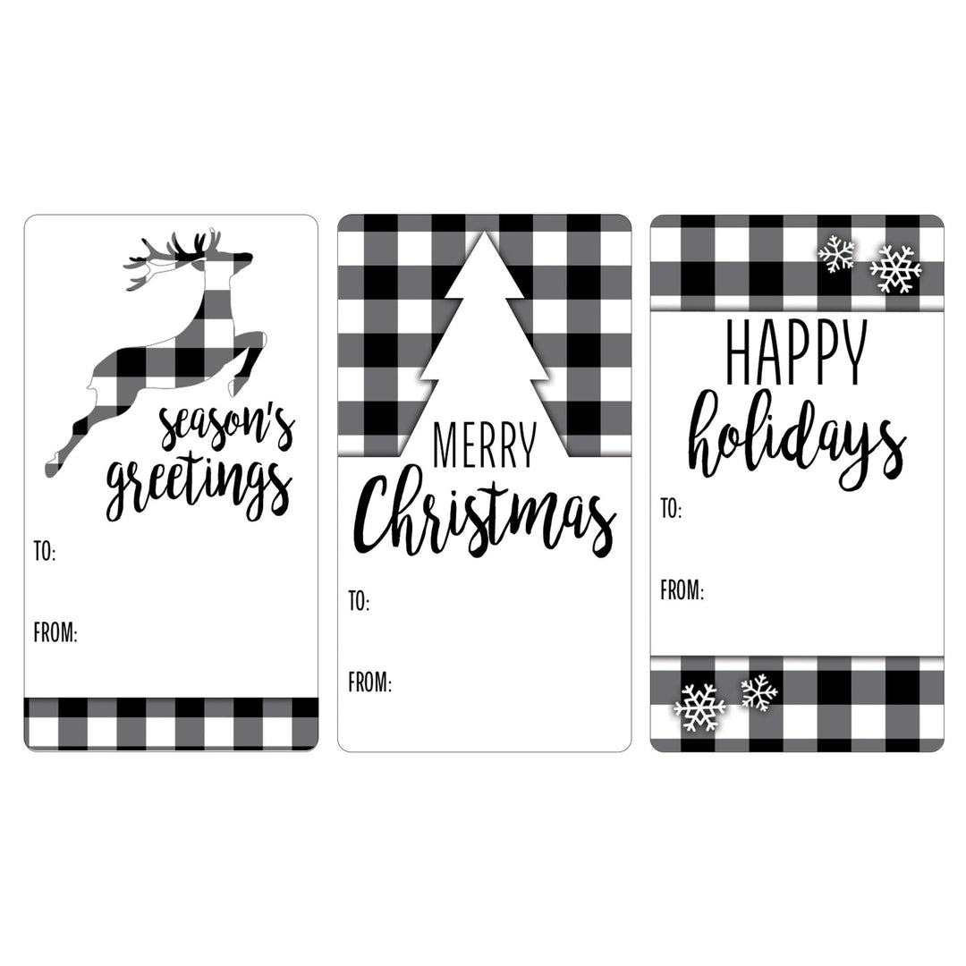 Etiquetas adhesivas de regalo de Navidad: cuadros clásicos de búfalo en blanco y negro - 75 pegatinas