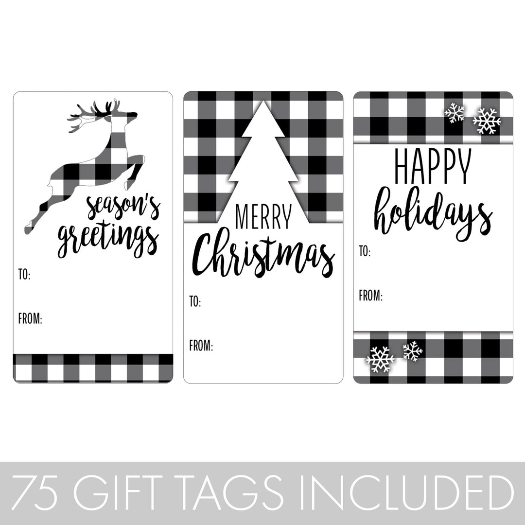Christmas Gift Tag Stickers: Classic Black and White Buffalo Plaid  - 75 Stickers