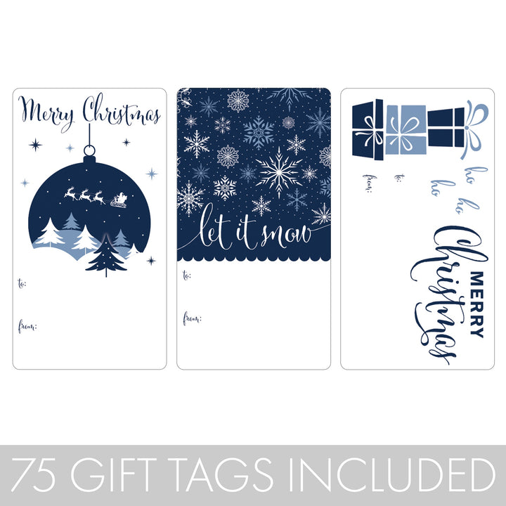 Etiquetas adhesivas de regalo de Navidad: Nieve azul marino clásica - 75 pegatinas