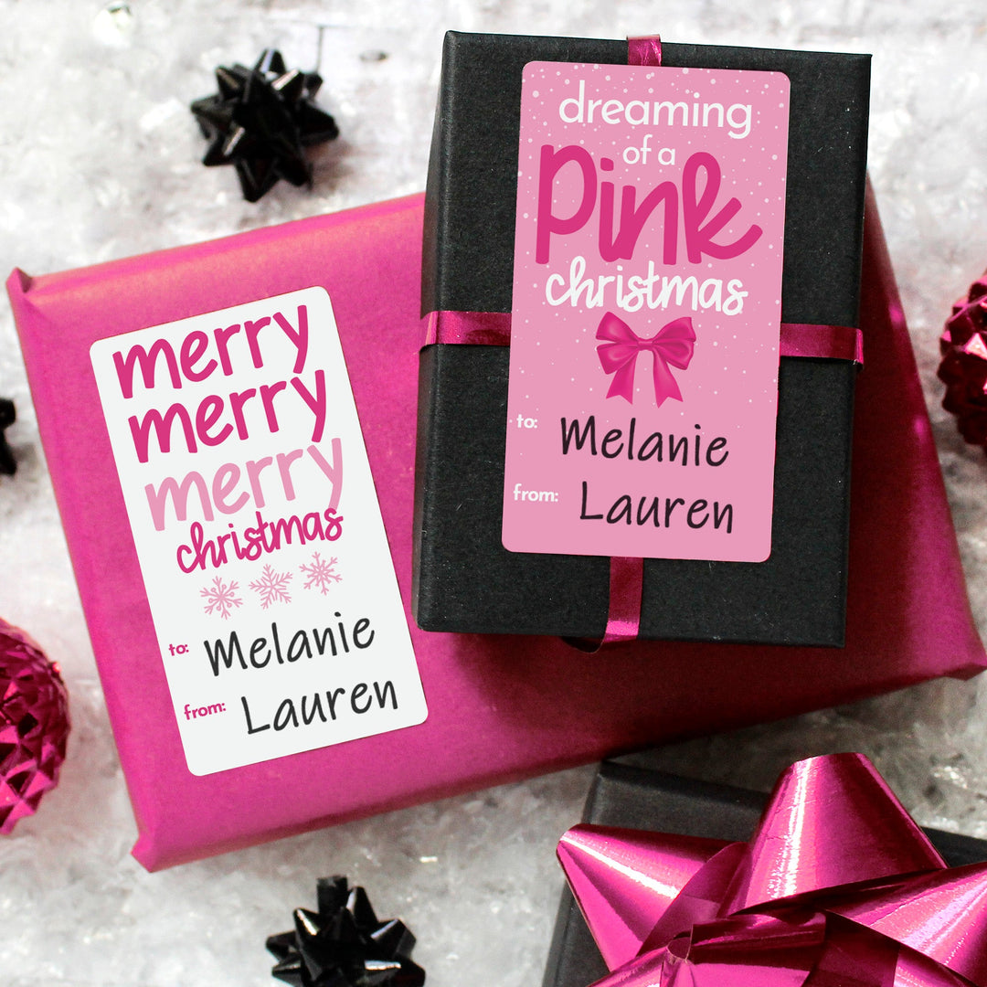 Christmas Gift Tag Stickers: Whimsical Hot Pink Christmas - 75 Stickers - Distinctivs Party