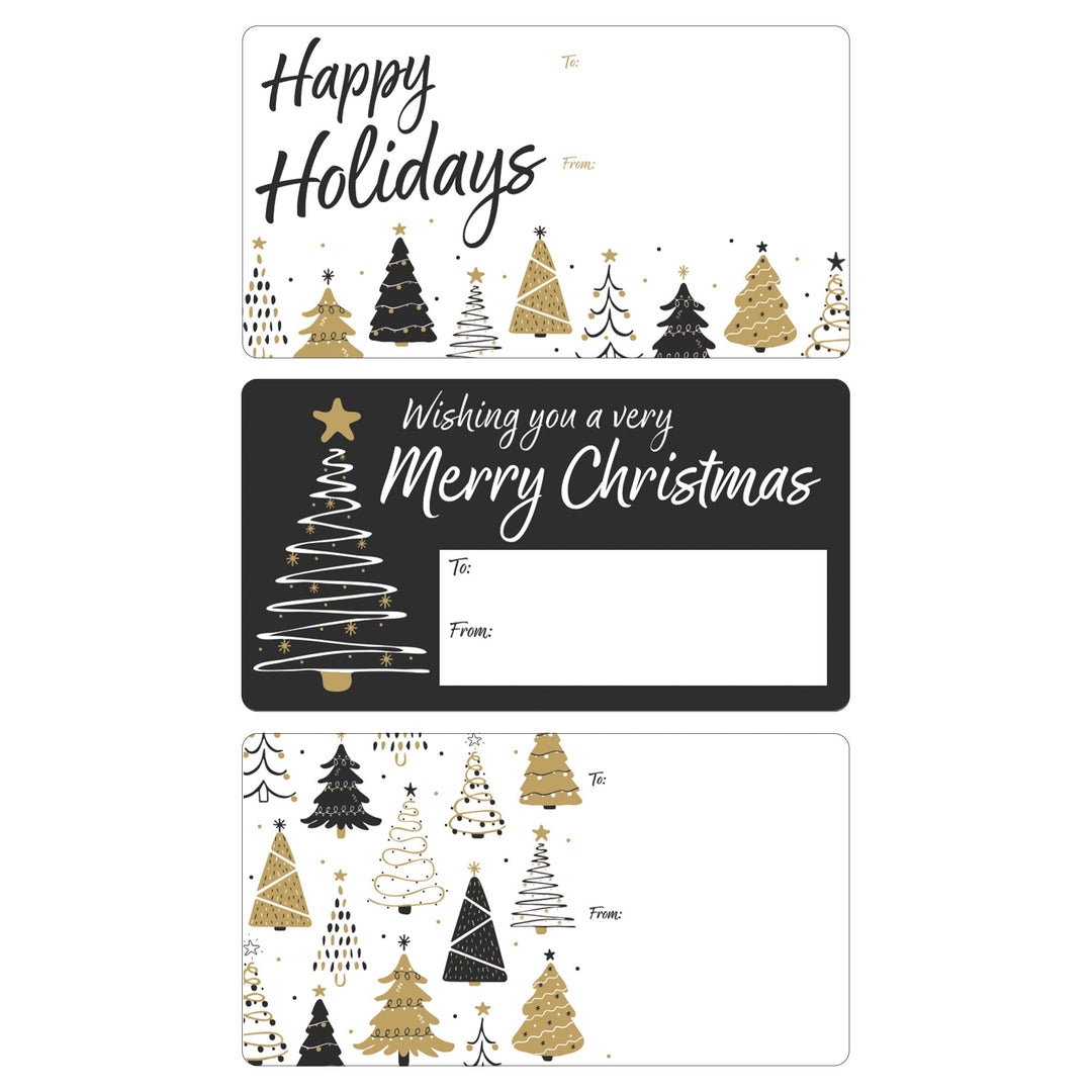 Etiquetas adhesivas de regalo de Navidad: Árboles de Navidad clásicos en negro y dorado - 75 pegatinas