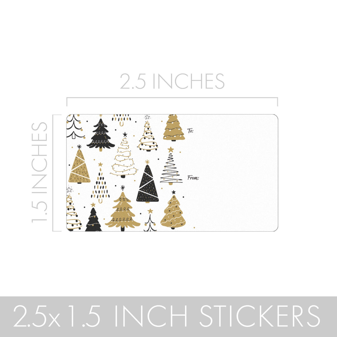 Etiquetas adhesivas de regalo de Navidad: Árboles de Navidad clásicos en negro y dorado - 75 pegatinas