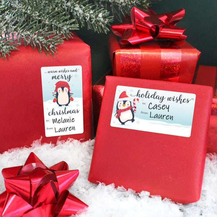 Christmas Gift Tag Stickers: Whimsical Prancing Penguins - 75 Stickers