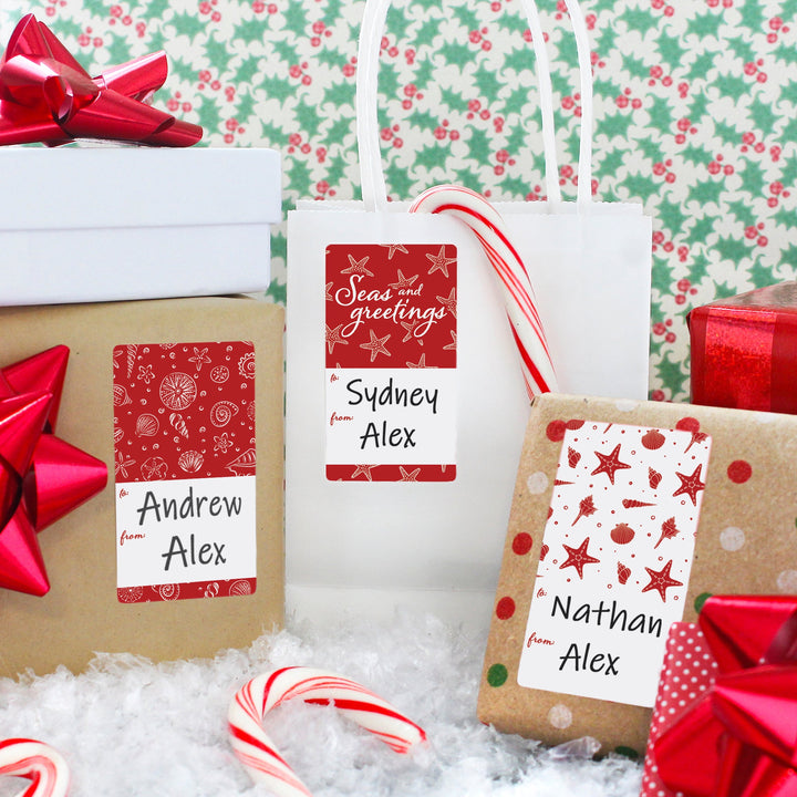 Etiquetas adhesivas de regalo de Navidad: Conchas rojas playeras - 75 pegatinas