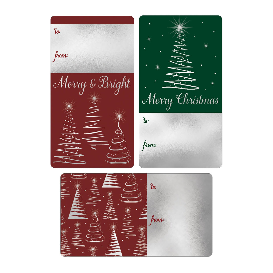 Christmas Gift Tag Stickers: Silver Foil Christmas Trees – 75 Stickers