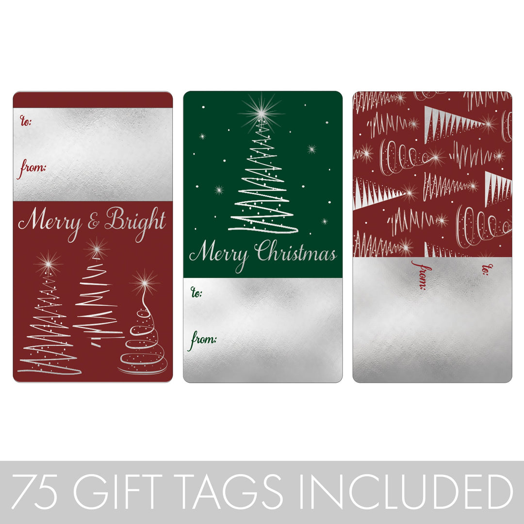 Christmas Gift Tag Stickers: Silver Foil Christmas Trees – 75 Stickers