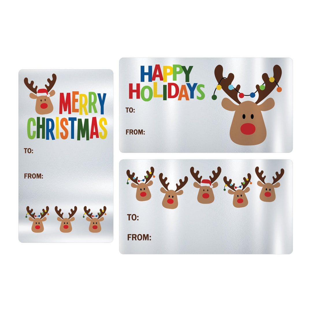 Christmas Gift Tag Stickers:  Silver Foil Whimsical Reindeer  - 75 Stickers