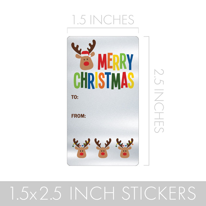Christmas Gift Tag Stickers:  Silver Foil Whimsical Reindeer  - 75 Stickers