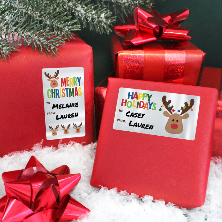 Etiquetas adhesivas de regalo de Navidad: Reno caprichoso de lámina plateada - 75 pegatinas