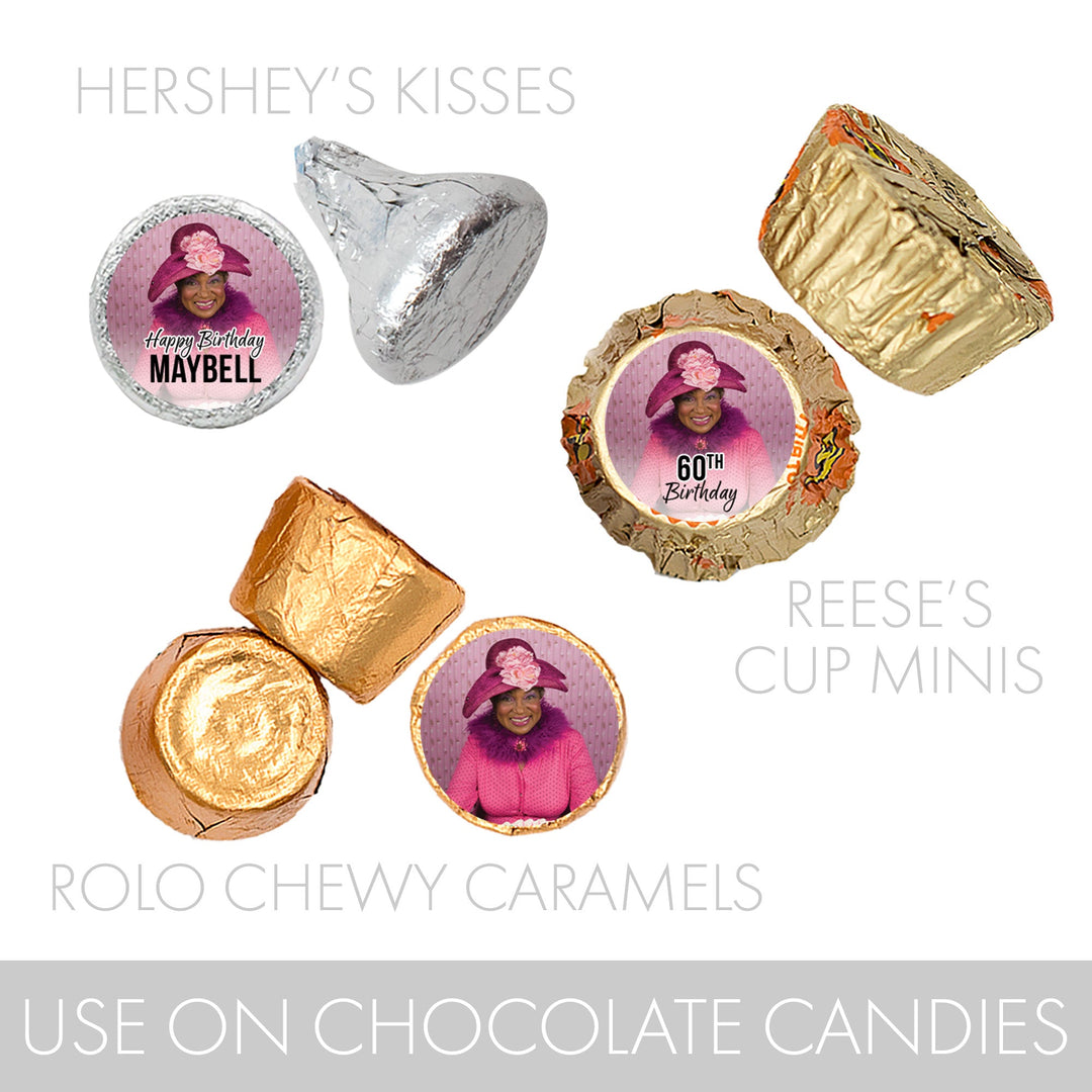 Personalized Birthday: Black - Custom Photo, Age, and Name -  Favor Stickers - Fits on Hershey® Kisses - 180 or 450 Stickers