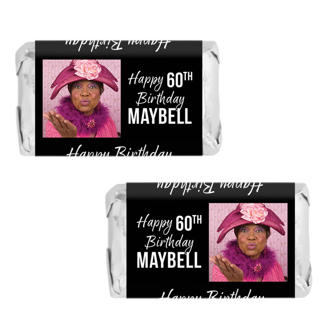 Personalized Birthday: Black - Custom Photo, Age, and Name -  Hershey® Miniatures Candy Bar Wrappers - 45 or 250 Stickers