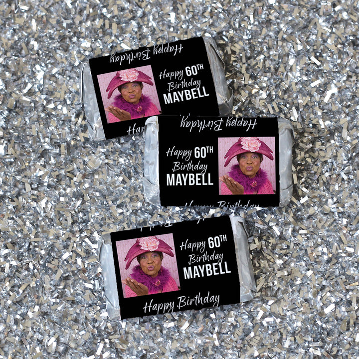 Personalized Birthday: Black - Custom Photo, Age, and Name -  Hershey® Miniatures Candy Bar Wrappers - 45 or 250 Stickers