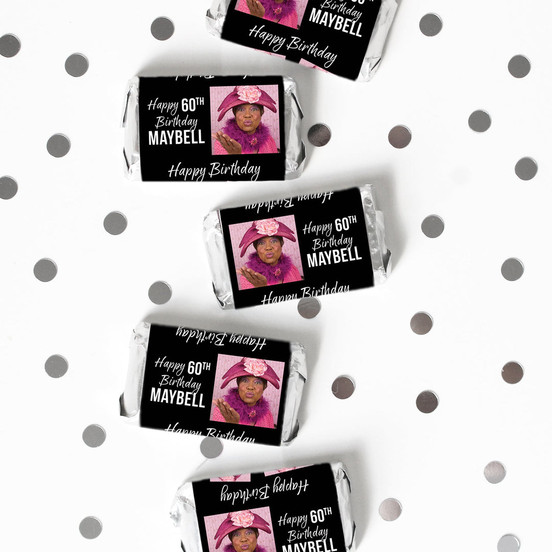 Cumpleaños personalizado: foto, edad y nombre - Envoltorios para barra de dulces en miniatura de Hershey® - 45 pegatinas