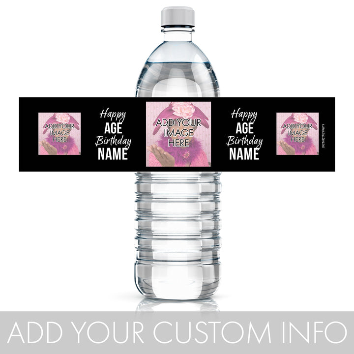 Cumpleaños personalizado: foto, edad y nombre - Etiquetas adhesivas para botellas de agua - 24 pegatinas impermeables