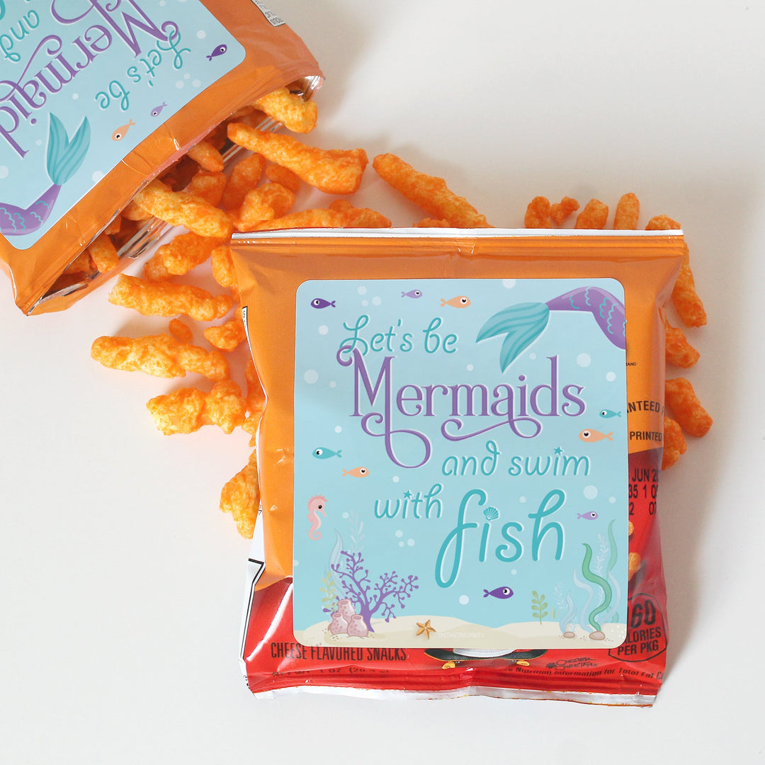Sirena: Let's Be Mermaids - Cumpleaños infantil - Pegatinas para bolsa de chips y bolsa de refrigerio - Paquete de 32