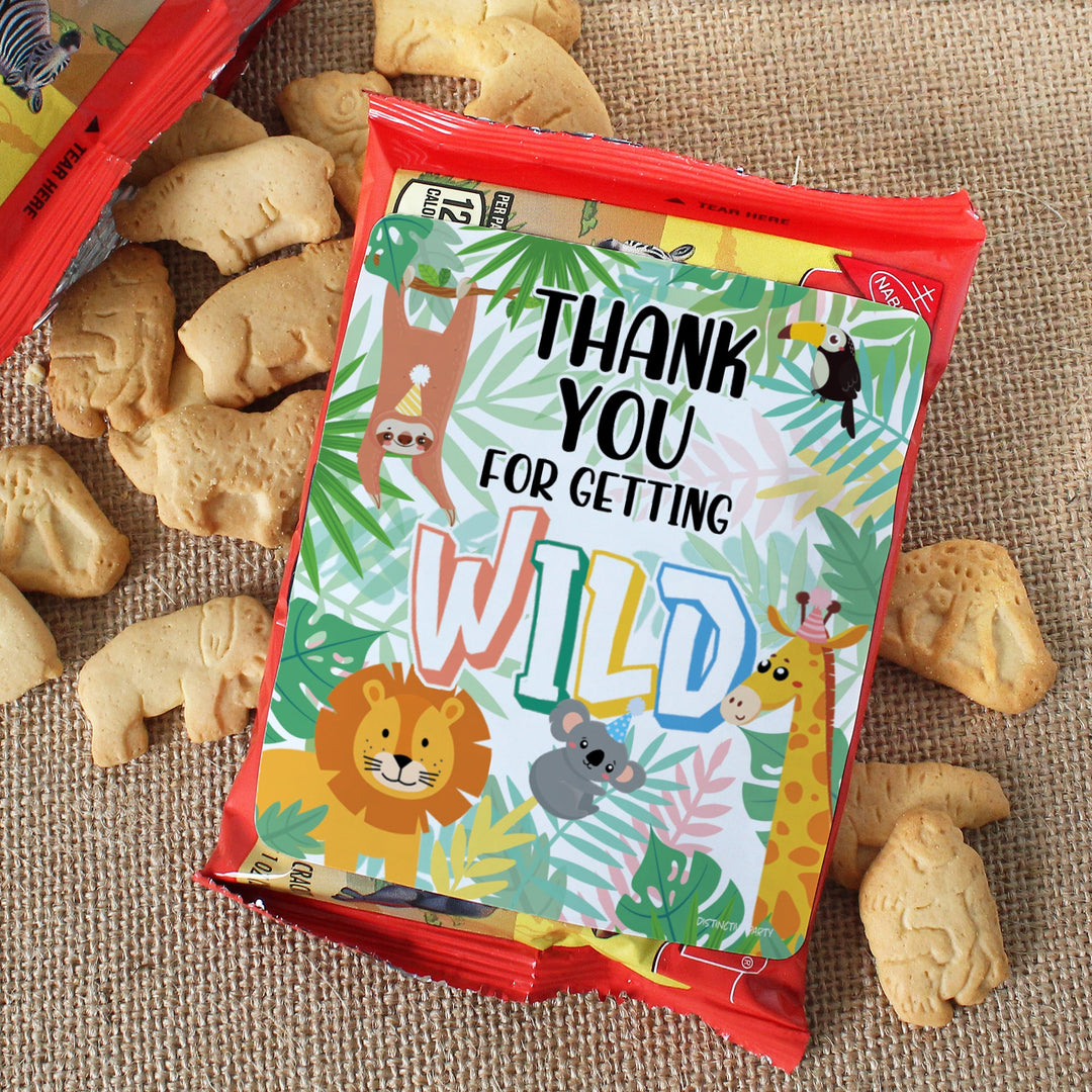 Wild Jungle: Cumpleaños infantil - Pegatinas para bolsas de patatas fritas y bolsas de refrigerios - Paquete de 32