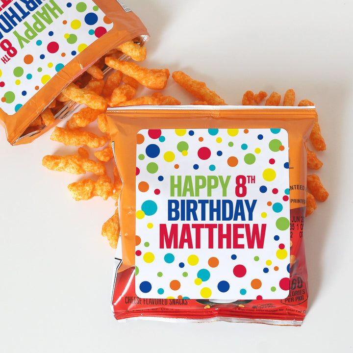 Personalized Birthday: Rainbow Dots - Chip Bag and Snack Bag Stickers - 32 Stickers