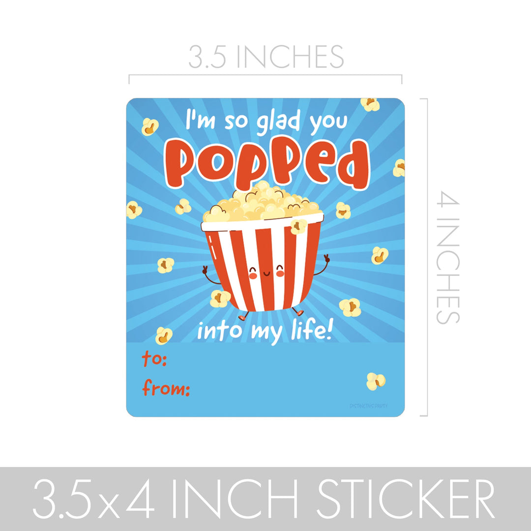 Valentine's Day Treat Stickers: I'm So Glad You Popped Into My Life - Popcorn and Chip Bag Stickers - 32 Stickers