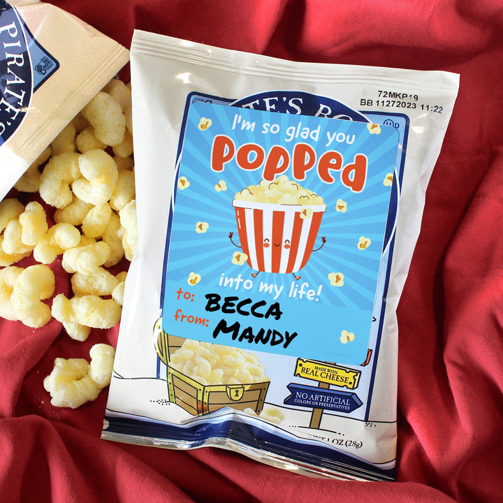 Valentine's Day Treat Stickers: I'm So Glad You Popped Into My Life - Popcorn and Chip Bag Stickers - 32 Stickers