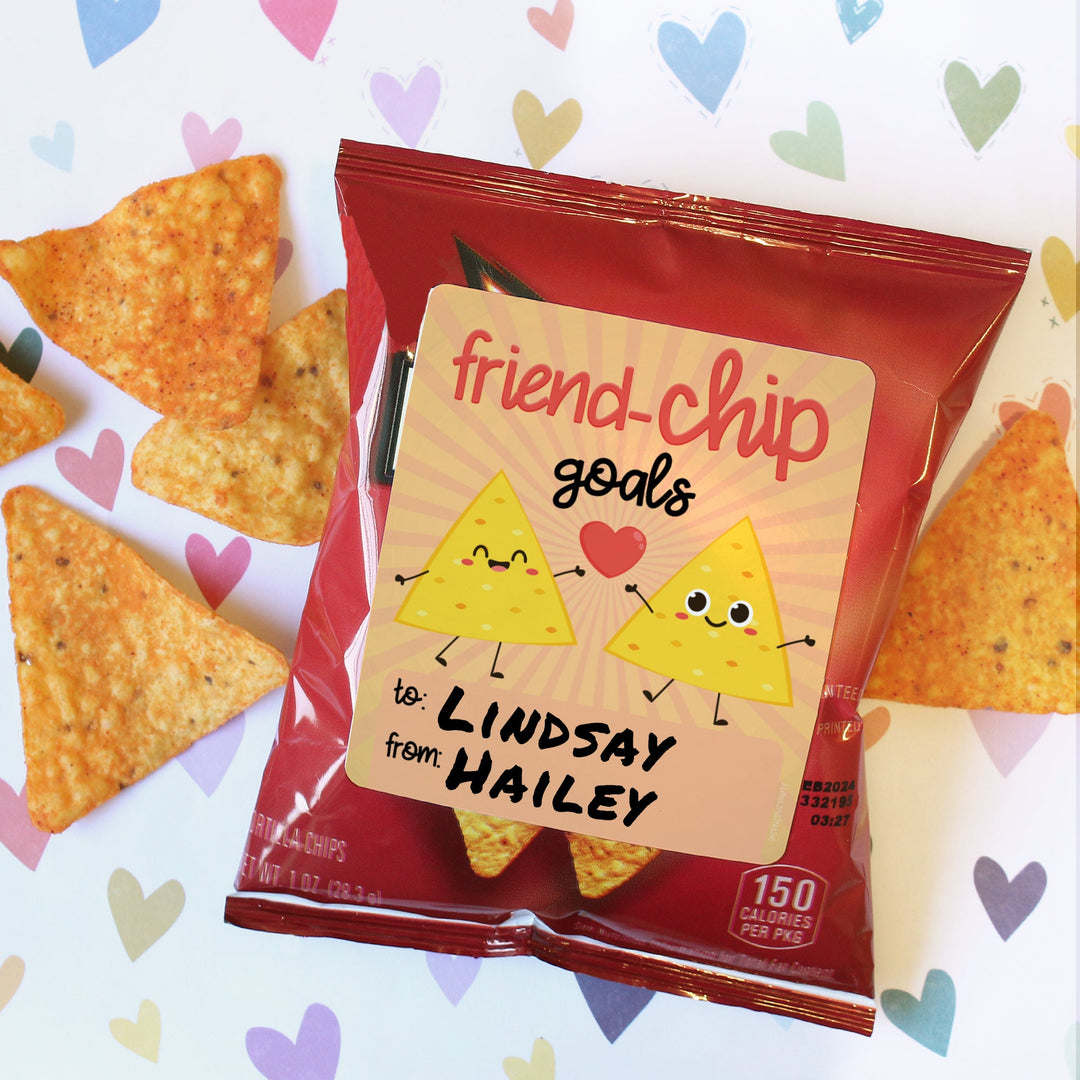 Pegatinas de regalo del día de San Valentín: objetivos de chips de amigos - Pegatinas de bolsas de chips: dos tamaños - 32 pegatinas
