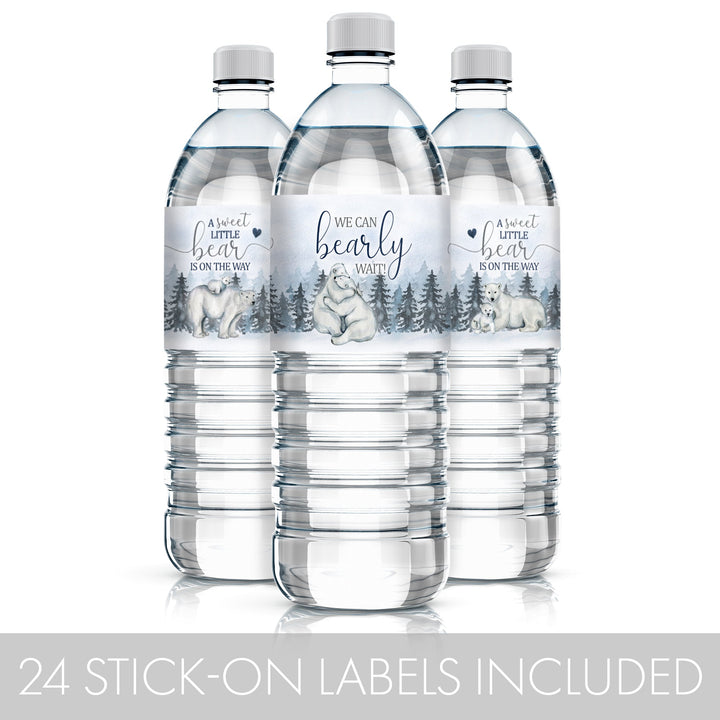 Oso polar We Can Bearly Wait: Baby Shower de invierno - Etiquetas adhesivas para botellas de agua - 24 pegatinas impermeables