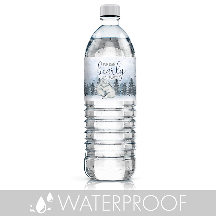 Oso polar We Can Bearly Wait: Baby Shower de invierno - Etiquetas adhesivas para botellas de agua - 24 pegatinas impermeables