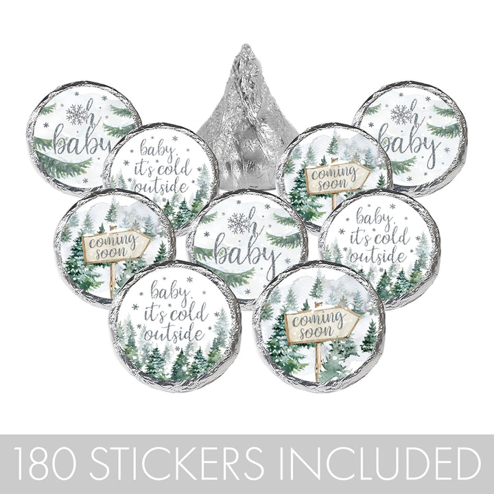Baby It's Cold Outside Evergreen: Winter Baby Shower - Party Favor Stickers - Fits on Hershey's Kisses - 180 Stickers