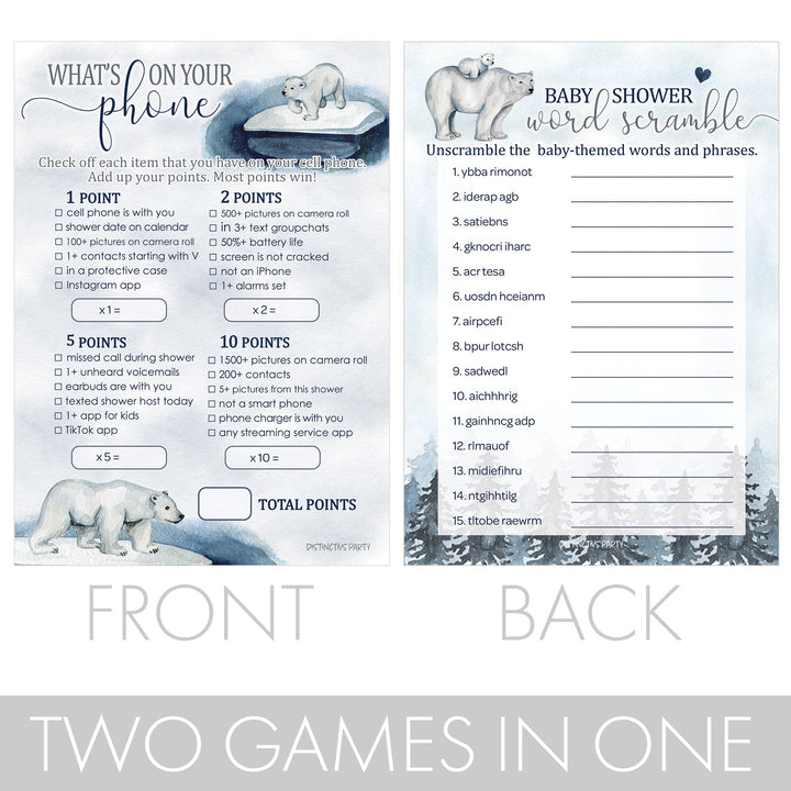 Polar Bear - Baby Shower - What's On Your Phone and Word Scramble -  Baby Shower Game - Two Game Bundle -  20 Dual Sided Cards