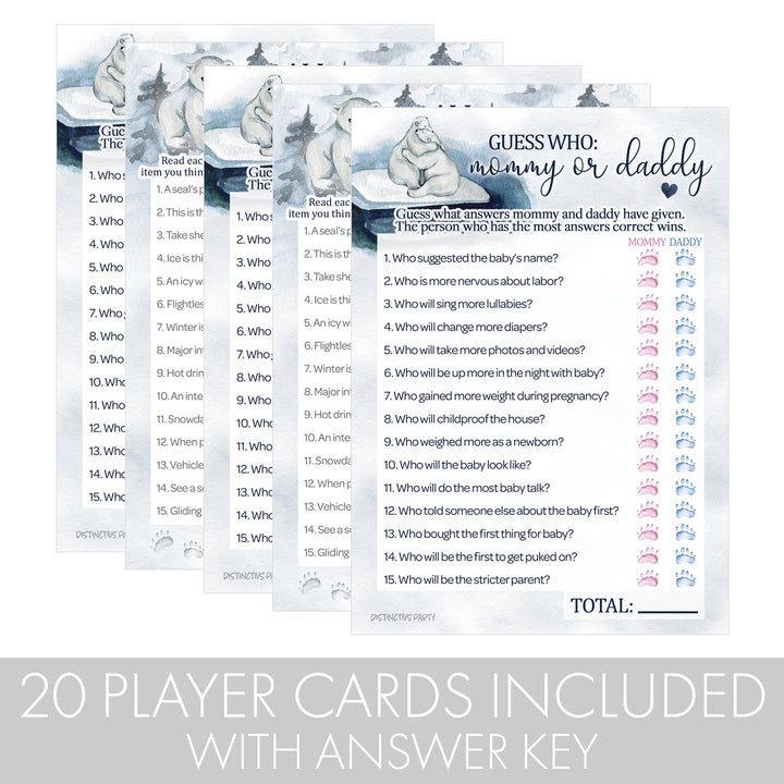 Polar Bear: Winter Baby Shower Game - "Guess Who" Mommy or Daddy and All Things Winter- Two Game Bundle - 20 Dual Sided Cards